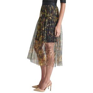 DKNY Logo Band Tulle Leopard Print Midi Skirt Womens Size Large